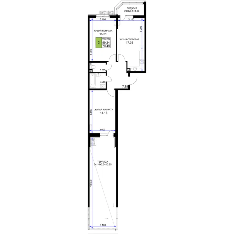 2-комн. 70.5 м²