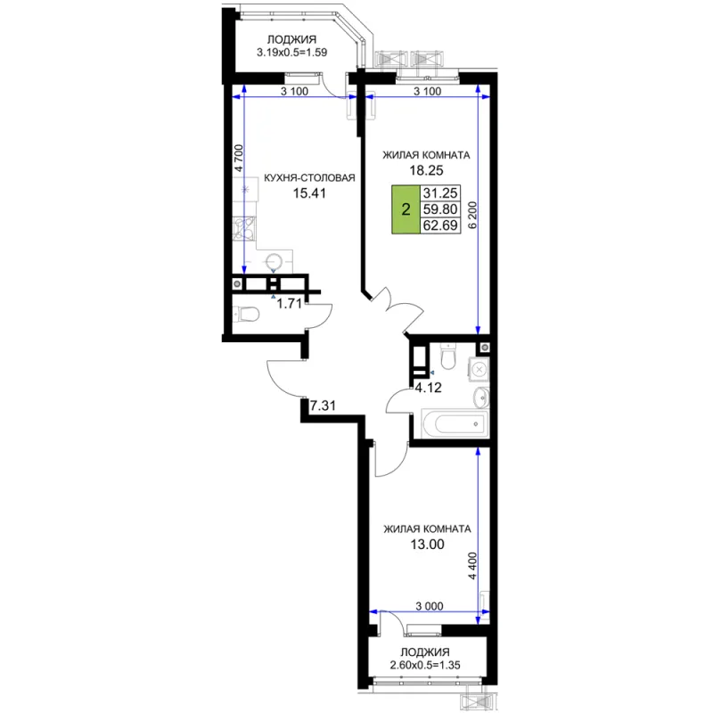 2-комн. 62.7 м²