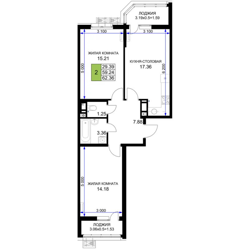 2-комн. 62.4 м²