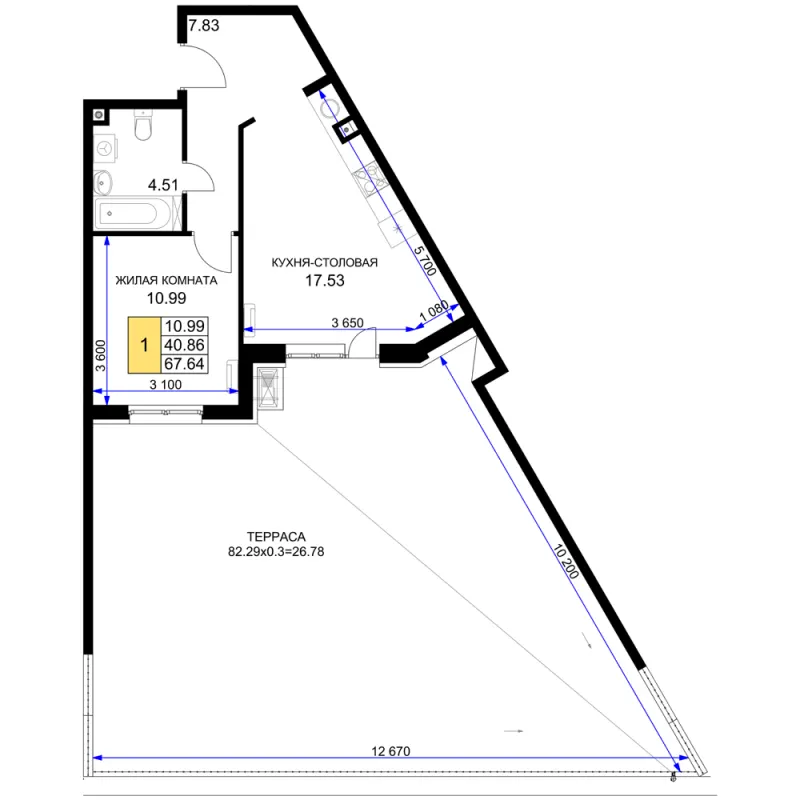 1-комн. 67.6 м²