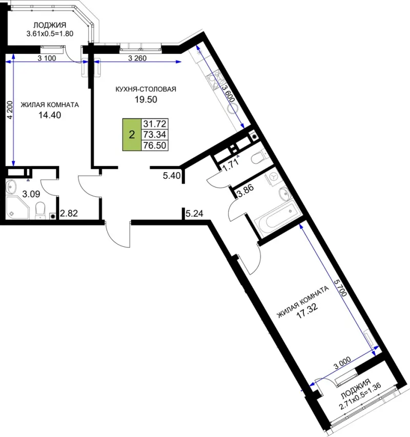 2-комн. 76.5 м²