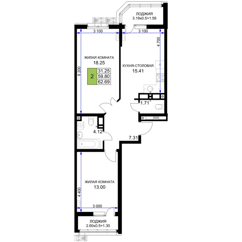 2-комн. 62.7 м²
