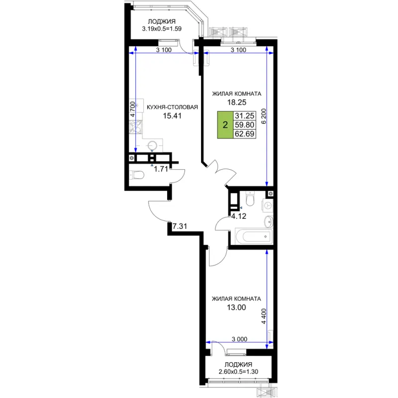 2-комн. 62.7 м²