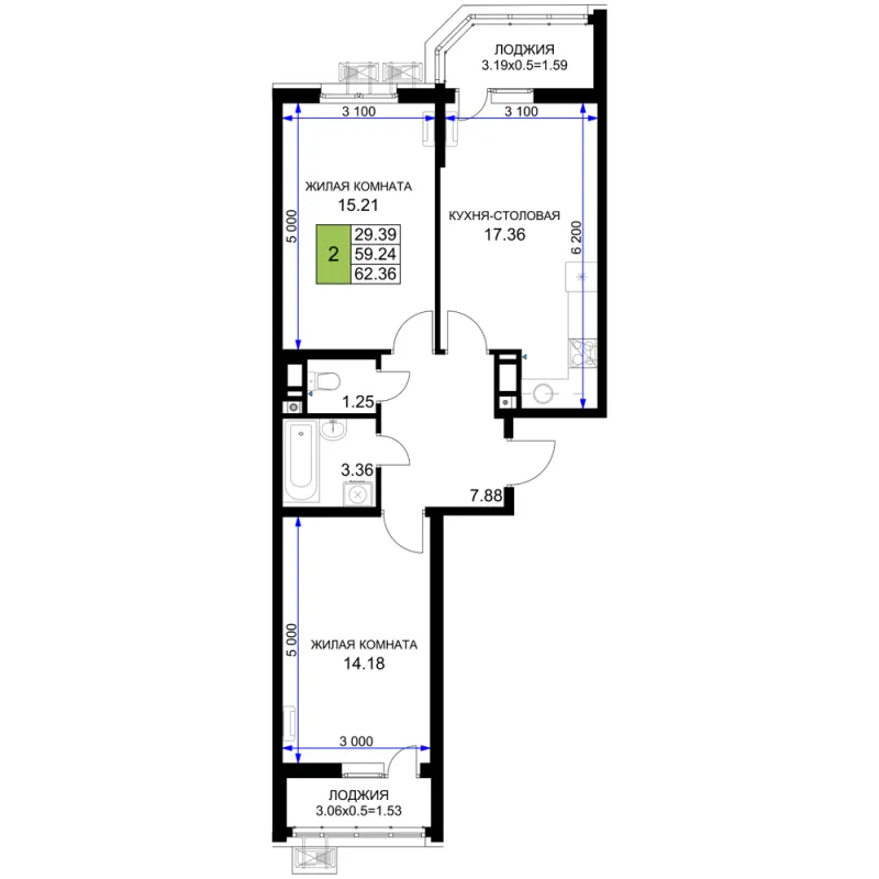 2-комн. 62.4 м²
