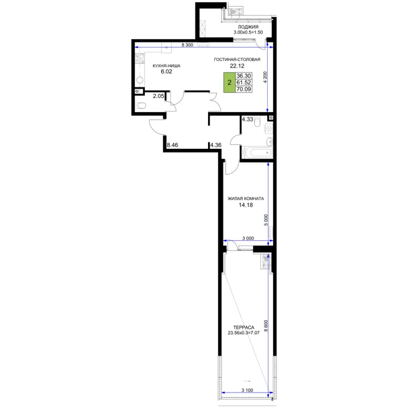 2-комн. 70.1 м²