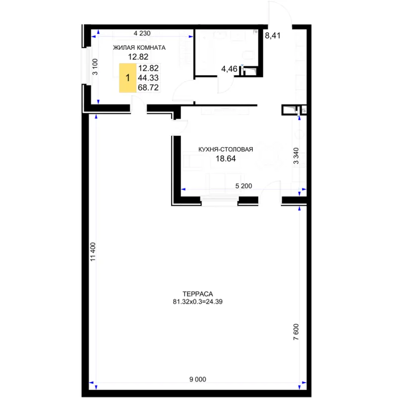 1-комн. 68.7 м²