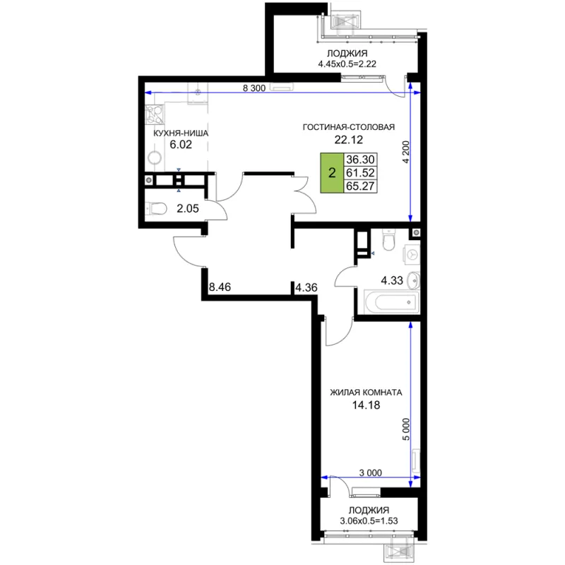 2-комн. 65.3 м²