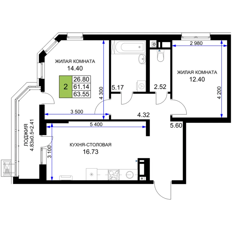 2-комн. 63.6 м²