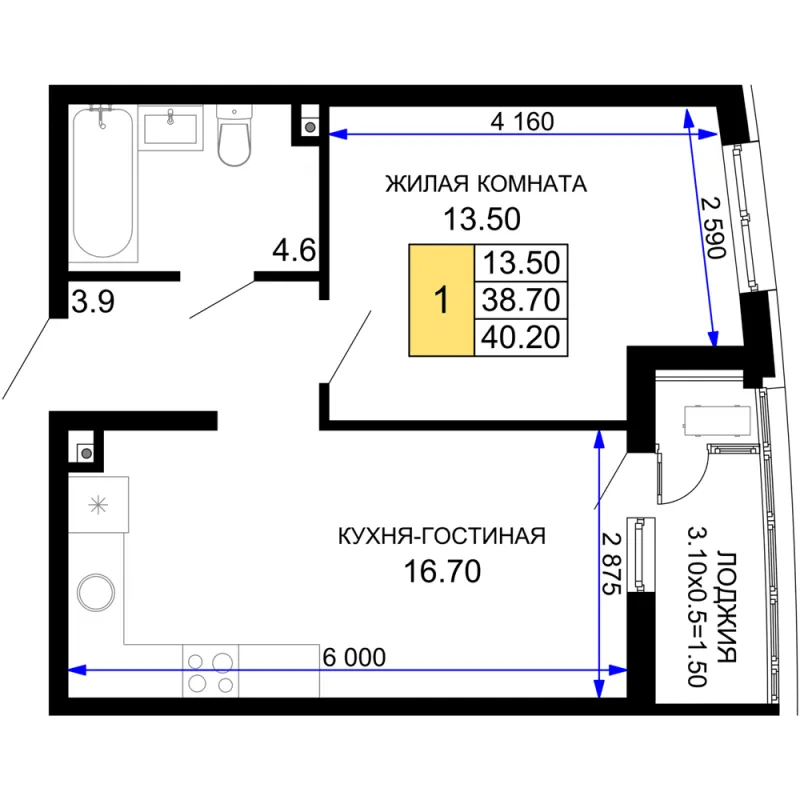 1-комн. 40.2 м²