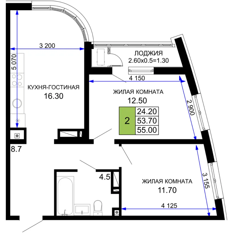 2-комн. 55 м²