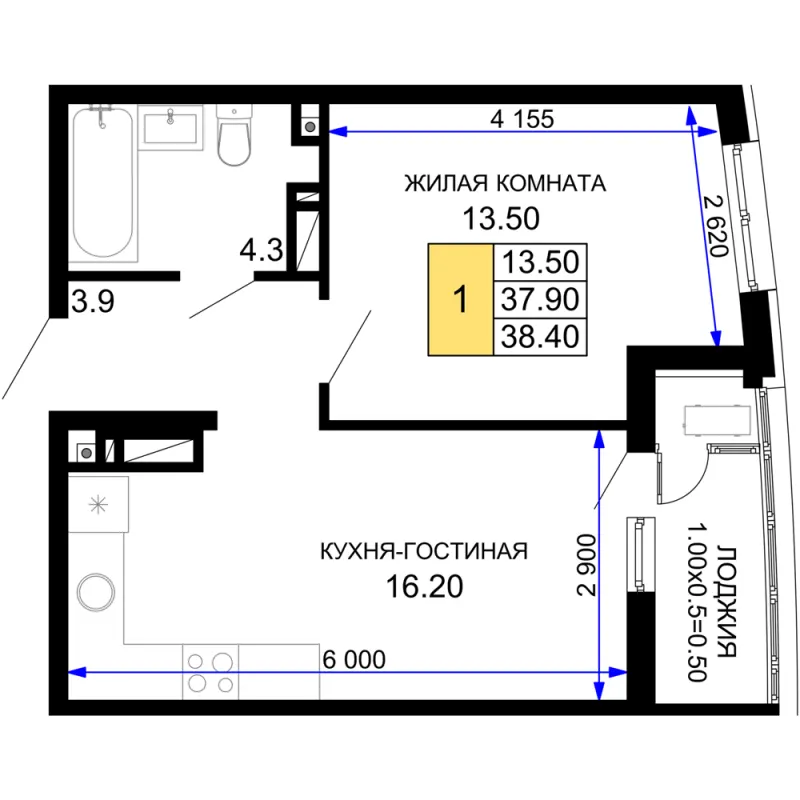 1-комн. 38.4 м²