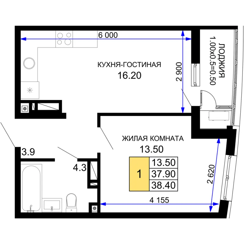 1-комн. 38.4 м²