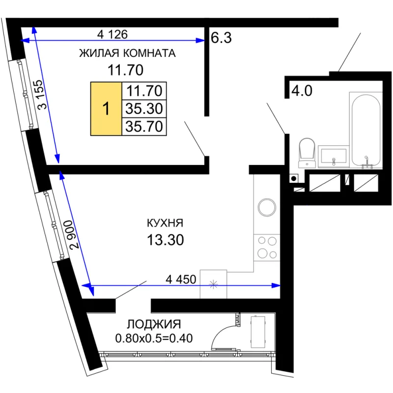 1-комн. 35.7 м²