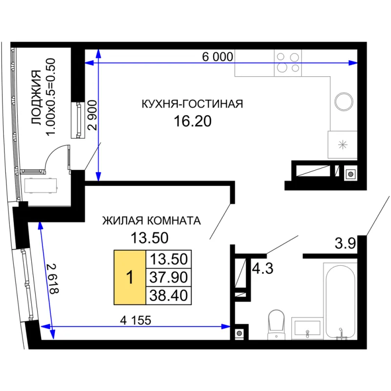 1-комн. 38.4 м²