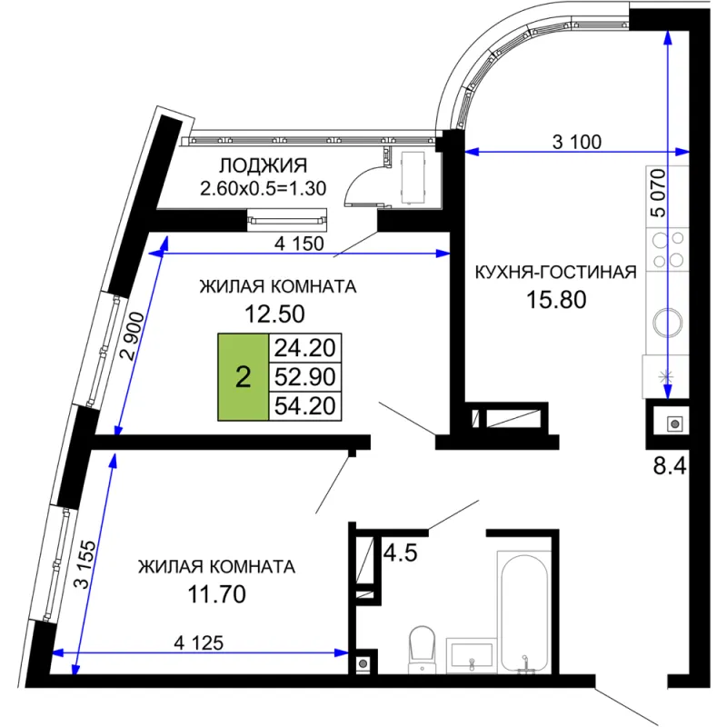 2-комн. 54.2 м²