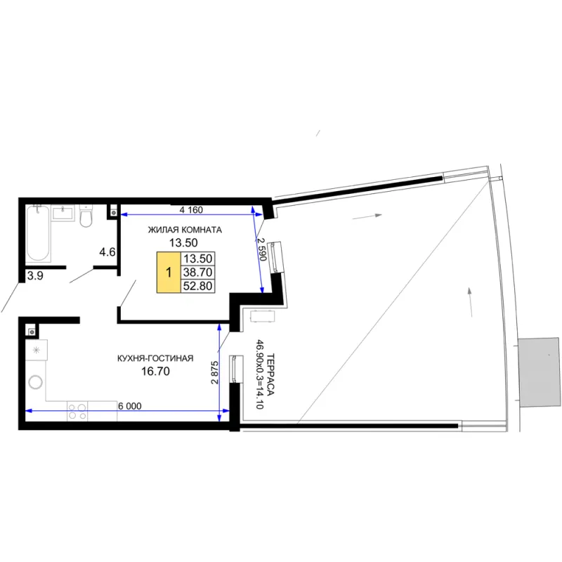 1-комн. 52.8 м²