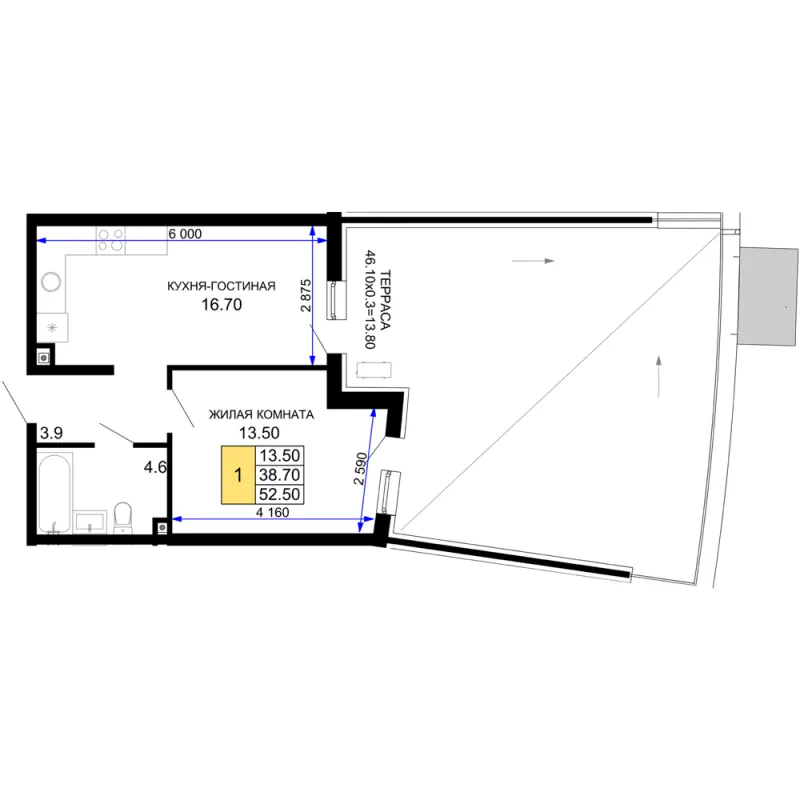 1-комн. 52.5 м²