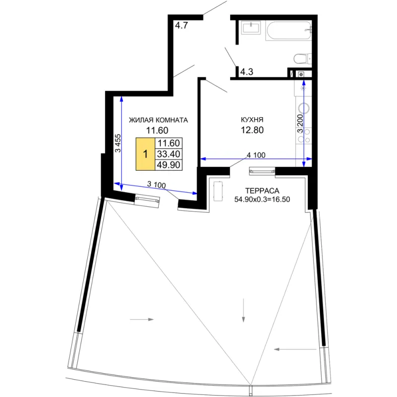1-комн. 49.9 м²