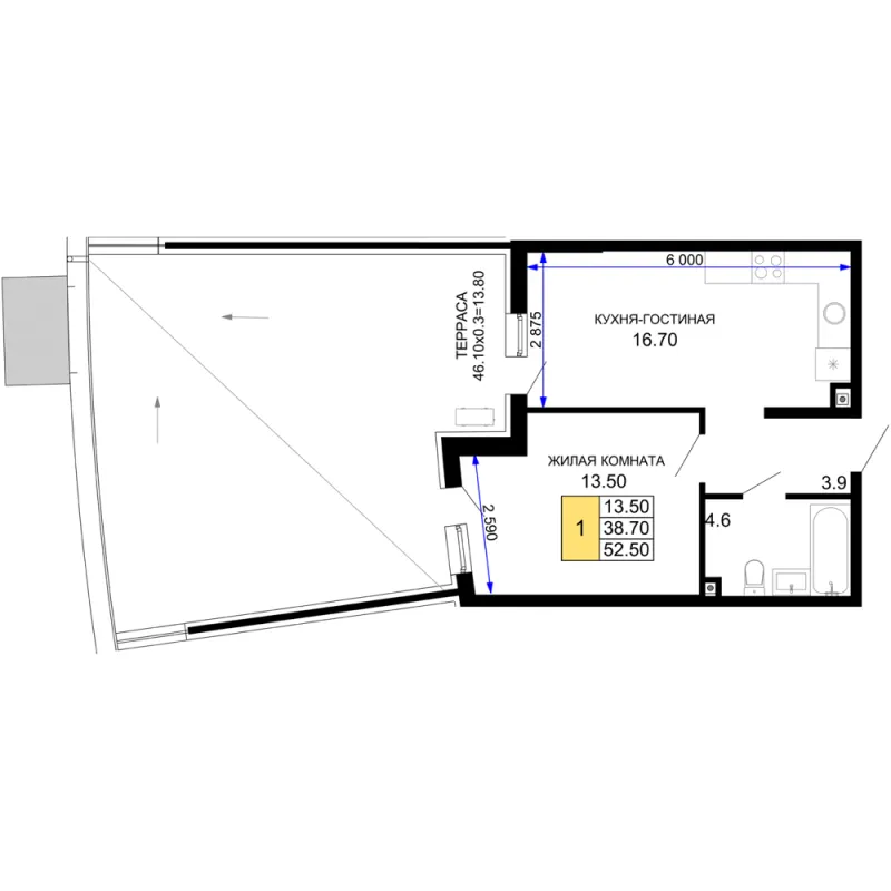1-комн. 52.5 м²