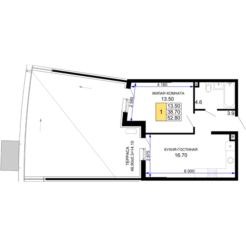 1-комн. 52.8 м²