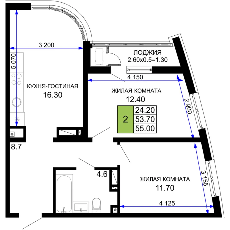 2-комн. 55 м²