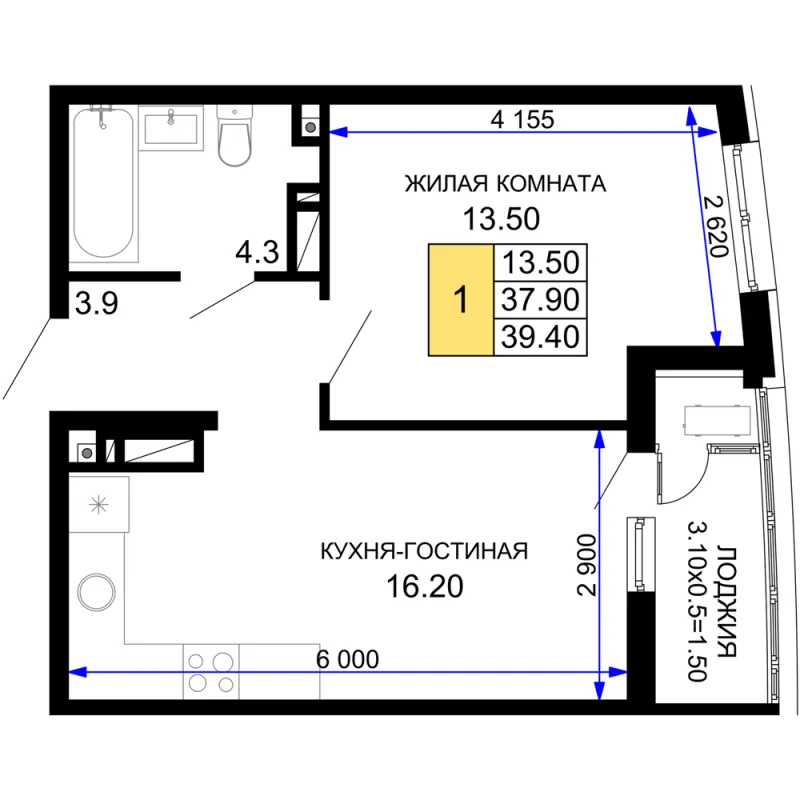 1-комн. 39.4 м²