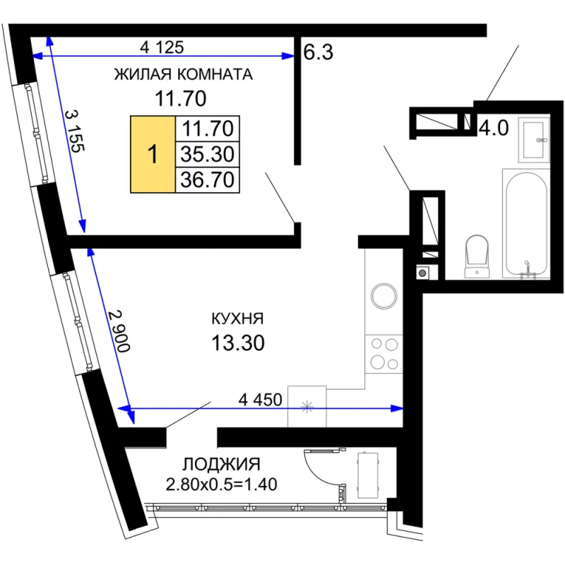1-комн. 36.7 м²