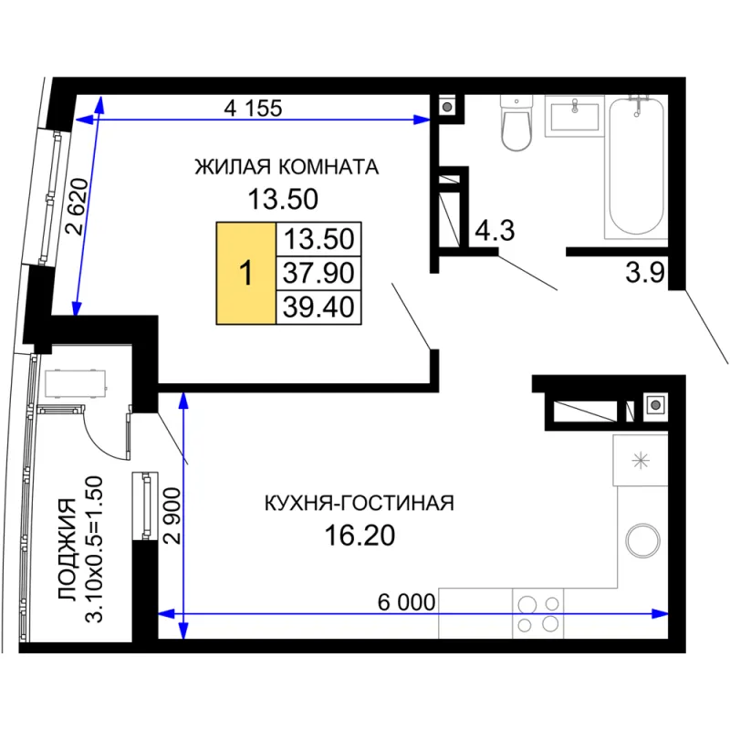 1-комн. 39.4 м²