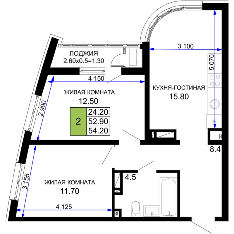 2-комн. 54.2 м²