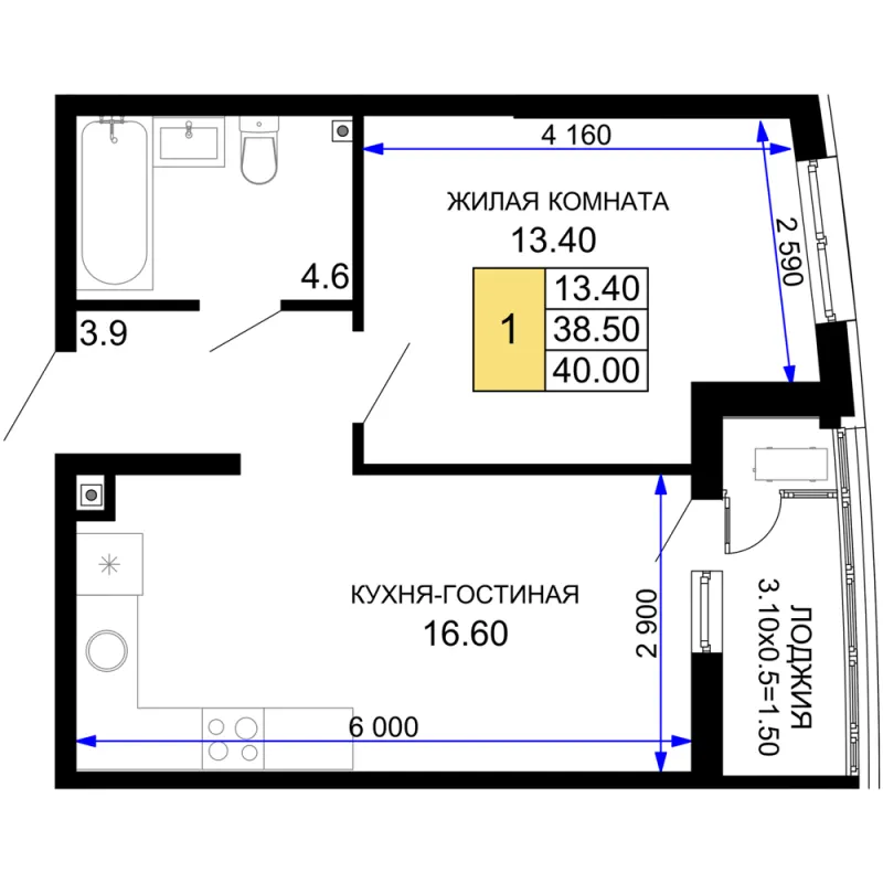 1-комн. 40 м²