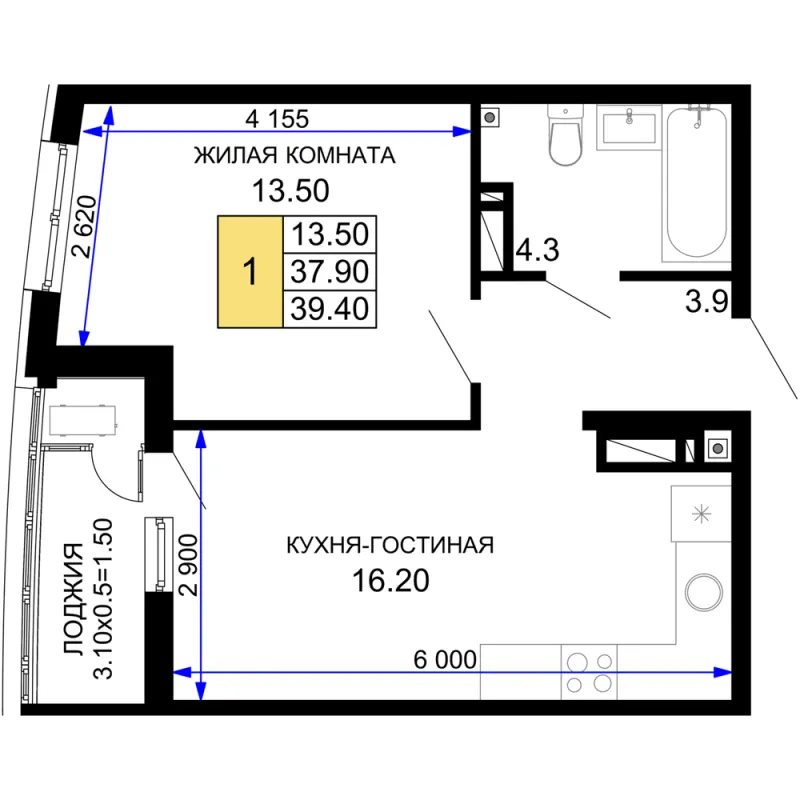 1-комн. 39.4 м²
