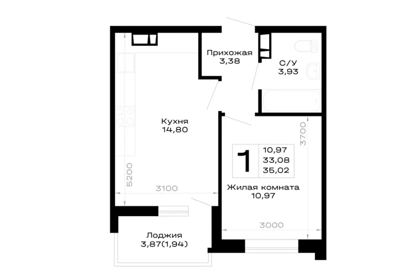 1-комн. 35 м²
