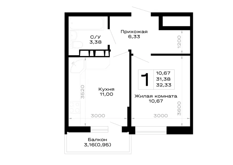 1-комн. 32.3 м²