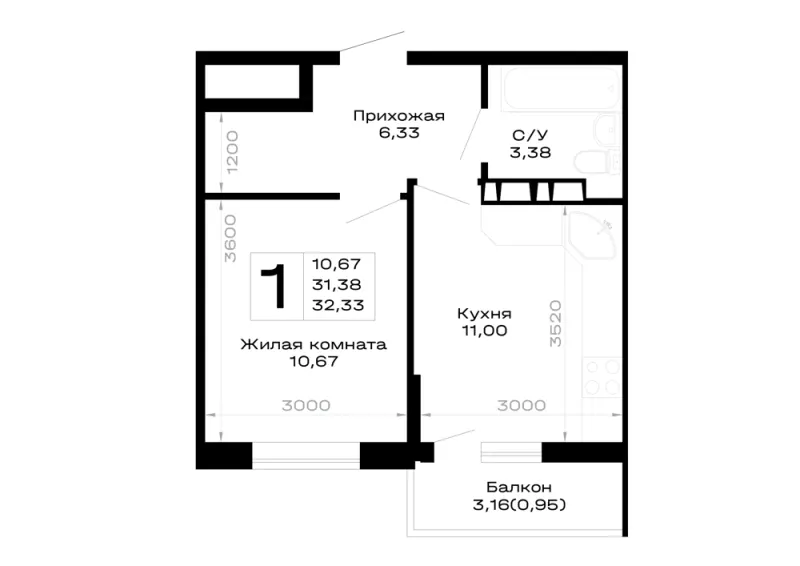 1-комн. 32.3 м²
