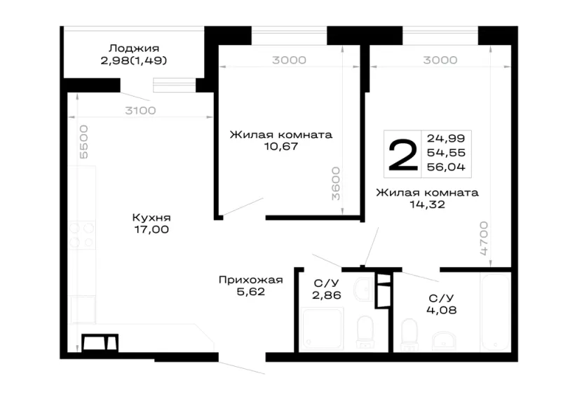 2-комн. 56 м²