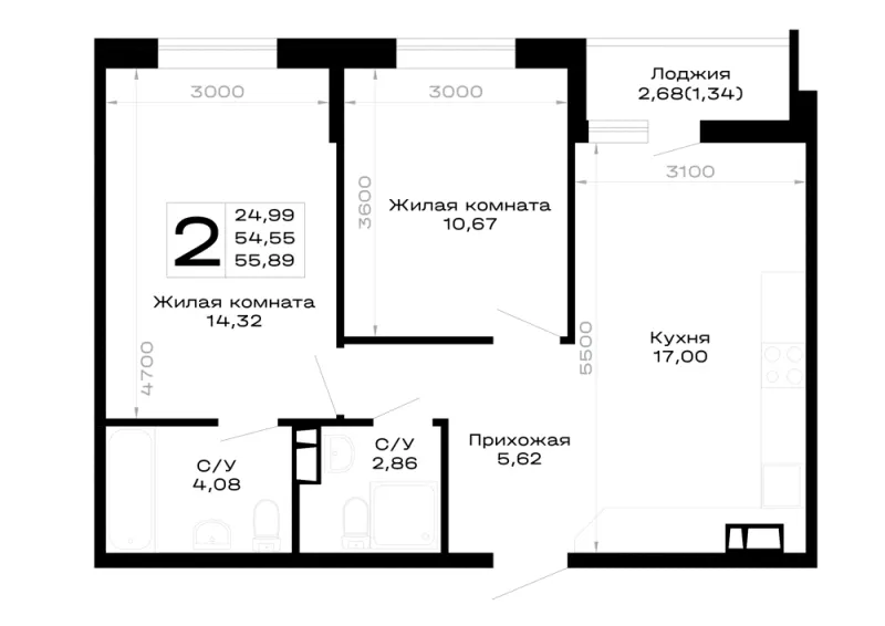 2-комн. 55.9 м²