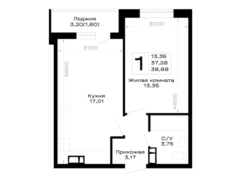 1-комн. 38.9 м²