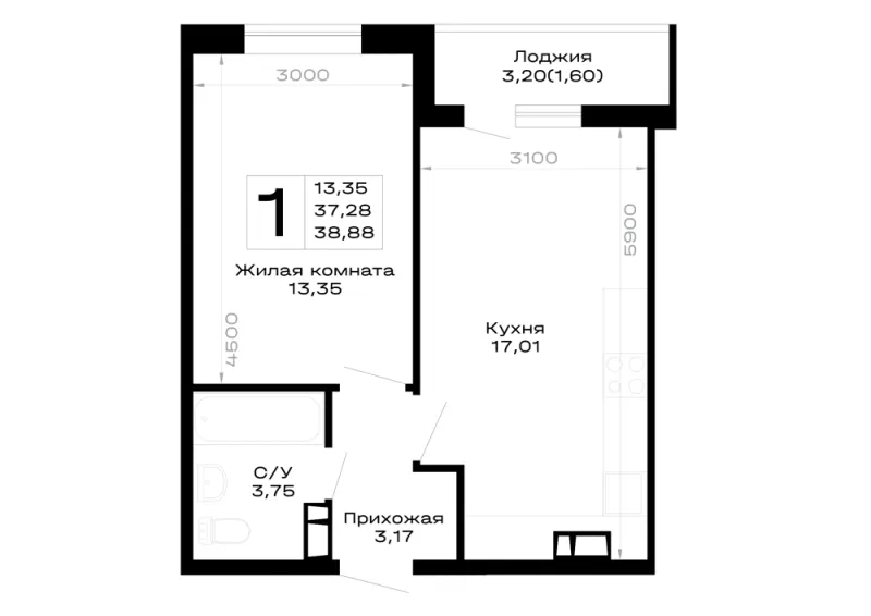 1-комн. 38.9 м²
