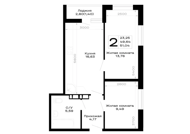 2-комн. 51 м²
