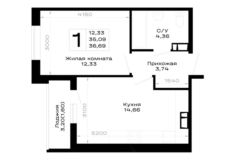 1-комн. 36.7 м²
