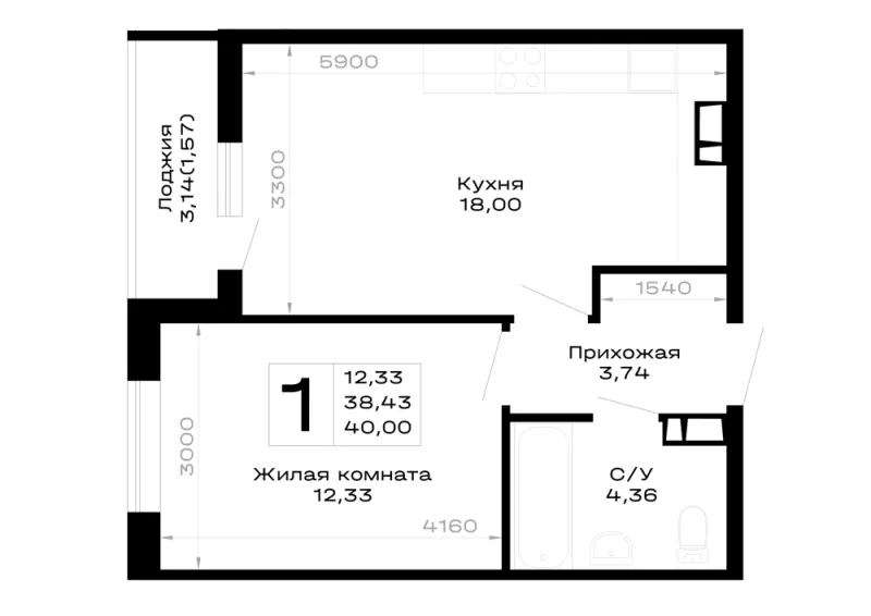 1-комн. 40 м²