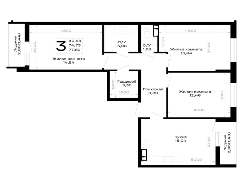 3-комн. 77.6 м²