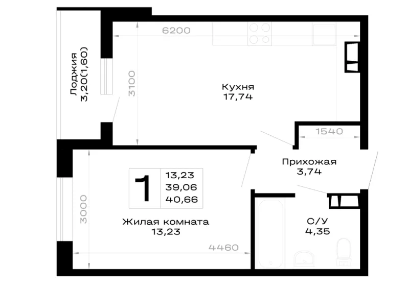 1-комн. 40.7 м²