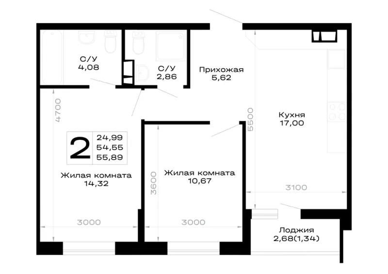 2-комн. 55.9 м²