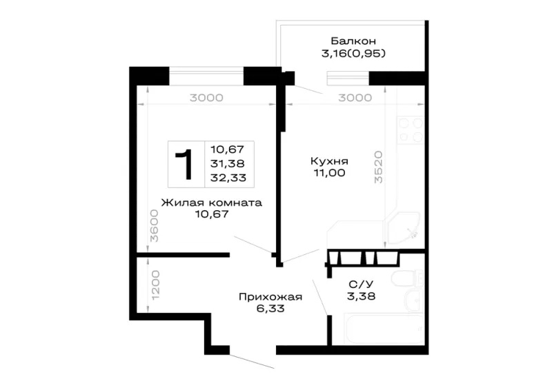 1-комн. 32.3 м²