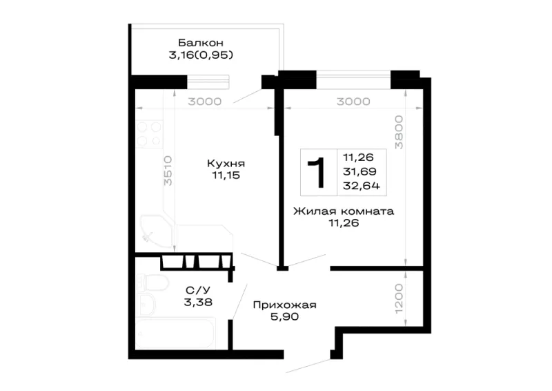 1-комн. 32.6 м²
