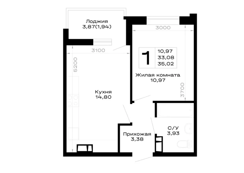 1-комн. 35 м²