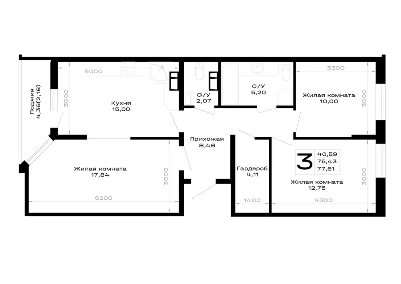 3-комн. 77.6 м²