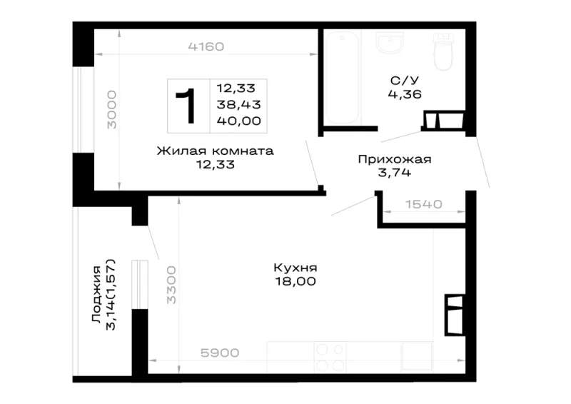 1-комн. 40 м²