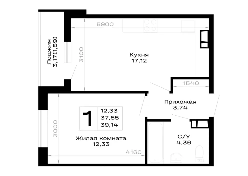 1-комн. 39.1 м²